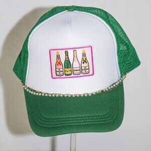 Green and white "champagne" trucker hat with hat jewelry